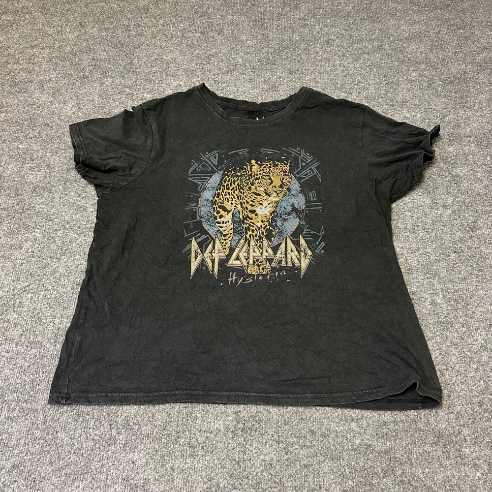 Def Leppard T-Shirt Womens Size L Black Hysteria Leopard Graphic Band Tee Cotton